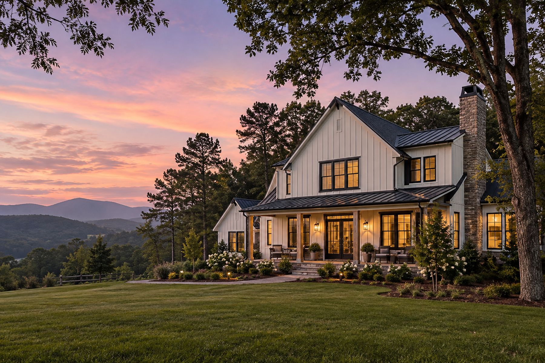 A modern farmhouse in Upstate South Carolina at dusk